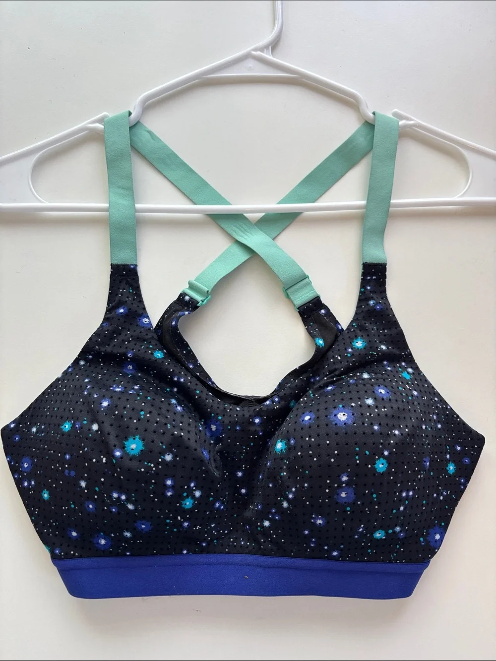 Victoria's Secret Black Floral Dot Sports Bra with Mint Crossback Straps